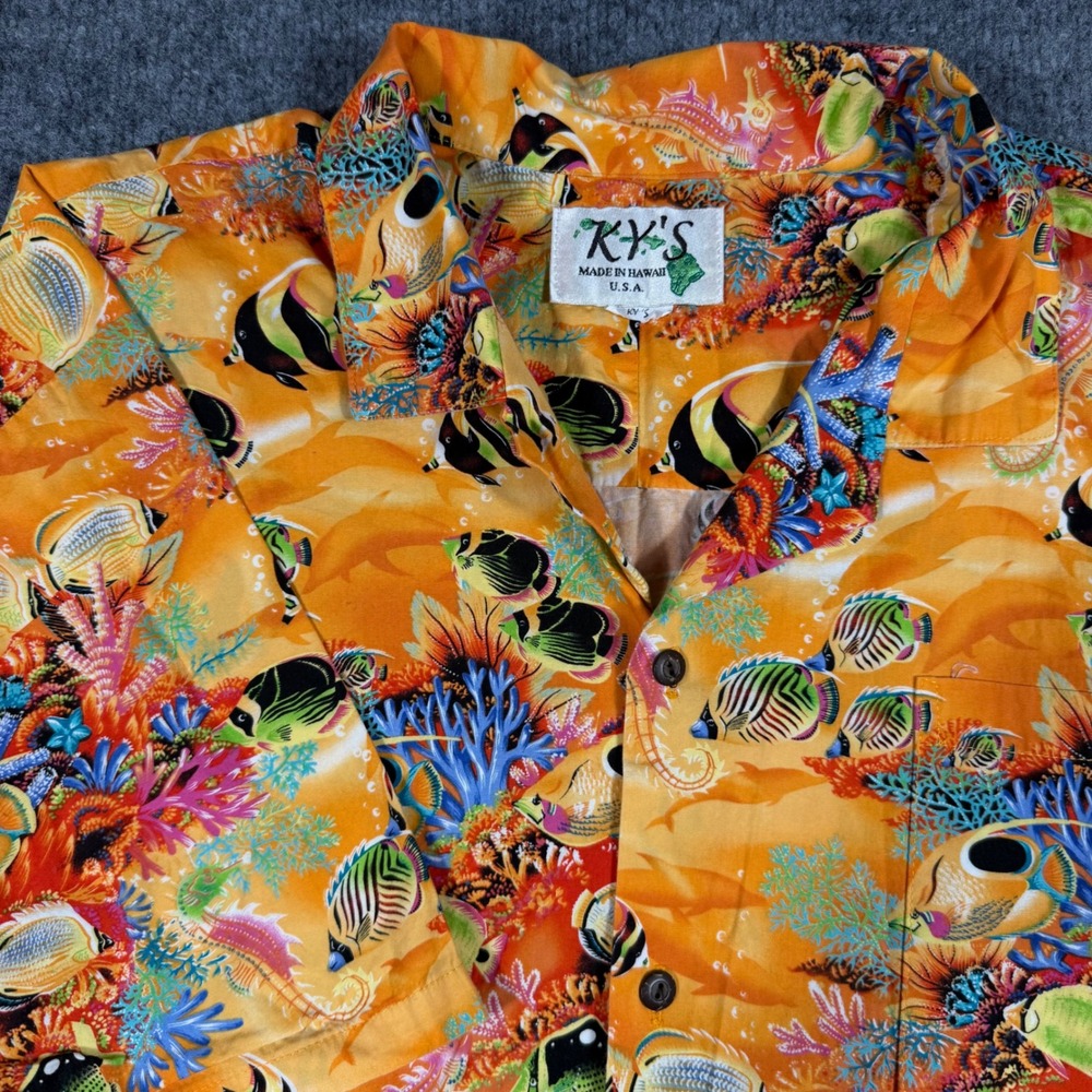 Vtg KY'S Hawaiian Shirt Fish Coral Men 2XL Orange Cotton Tropical Reef Print USA